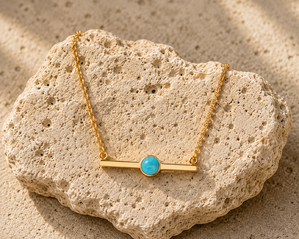 Stainless Steel Semi Precious Natural Stone Bar Necklace (gold)